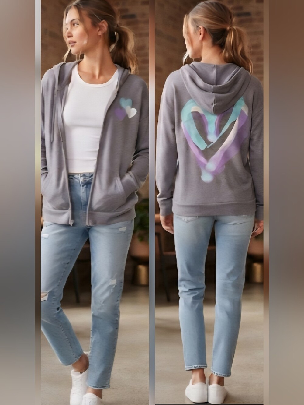 VS Pink Oversized Lightweight Hoodie Gray with Blue, Lavender Hearts Size Med